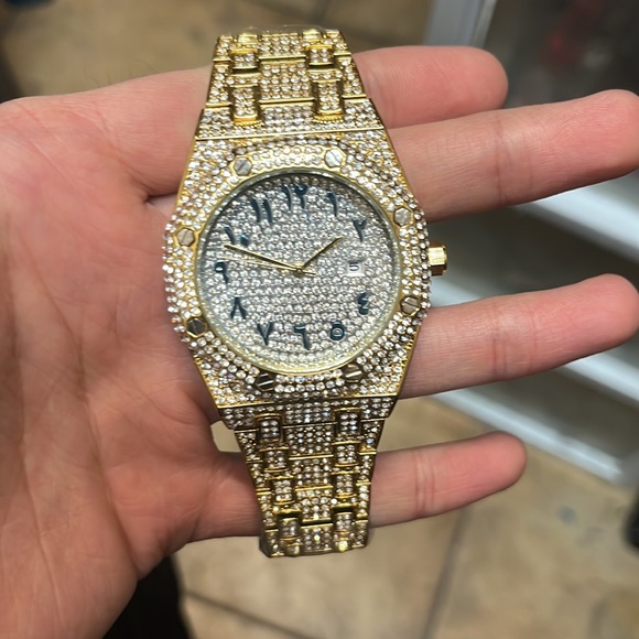 Mens Arabic dial watch cz diamonds gold round dial premium quality - Picture 3 of 3